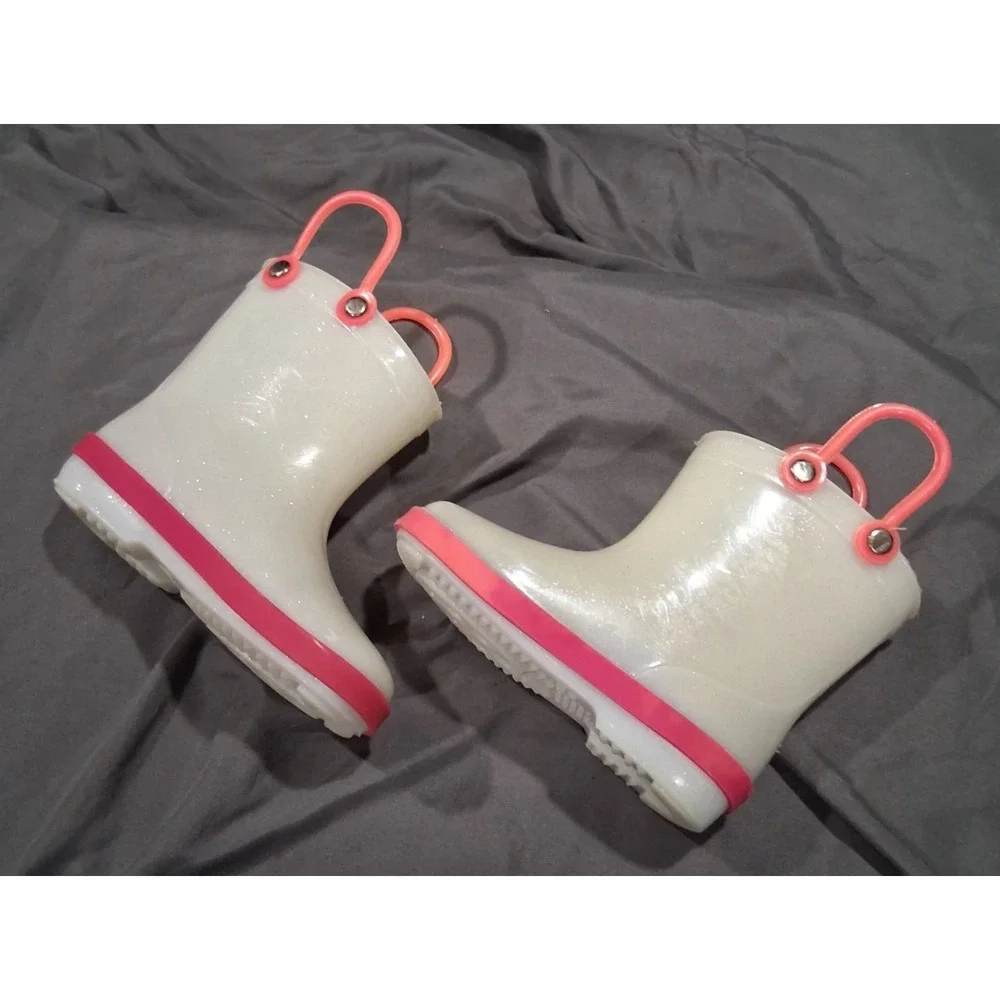 Girls Clear Glitter Rain Boots Pink Trim‎ Eyelash Graphic MEX 14 Toddler 7-8